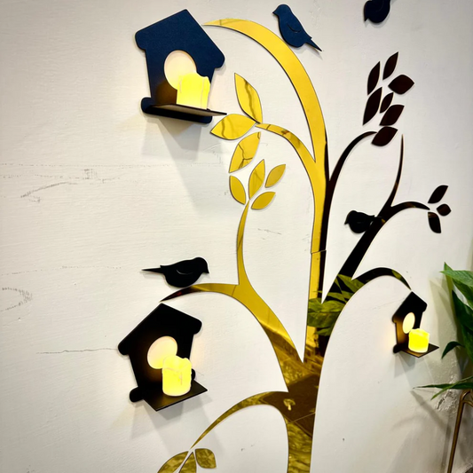 Golden Acrylic Birds on Tree Decor For Wall Decor