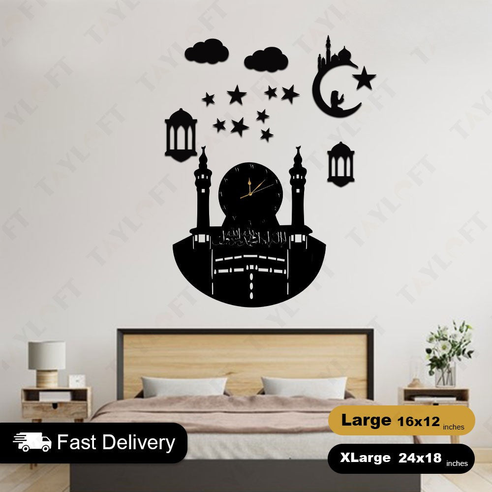 Islamic Wooden Clock Makkah For Wall Decor
